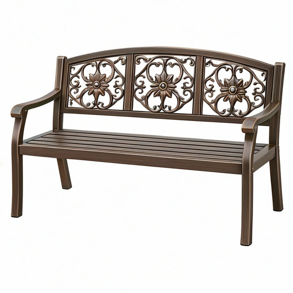 Ławka ogrodowa 122 x 62 x 90 cm metalowa brązowa z podłokietnikami w stylu klasycznym