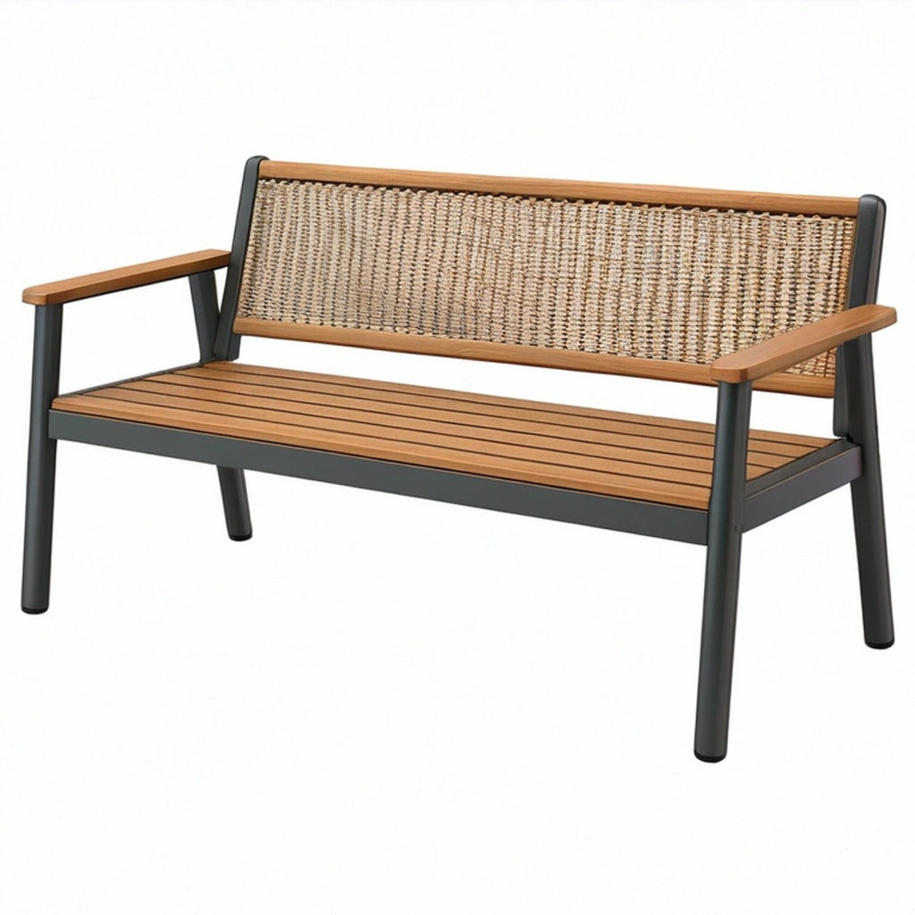 Ławka ogrodowa 120 x 65 x 78 cm z drewna i metalu brązowo-czarna z plecionym oparciem