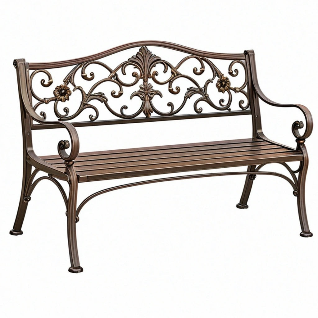 Ławka ogrodowa 127 x 61 x 91 cm metalowa brązowa w stylu klasycznym