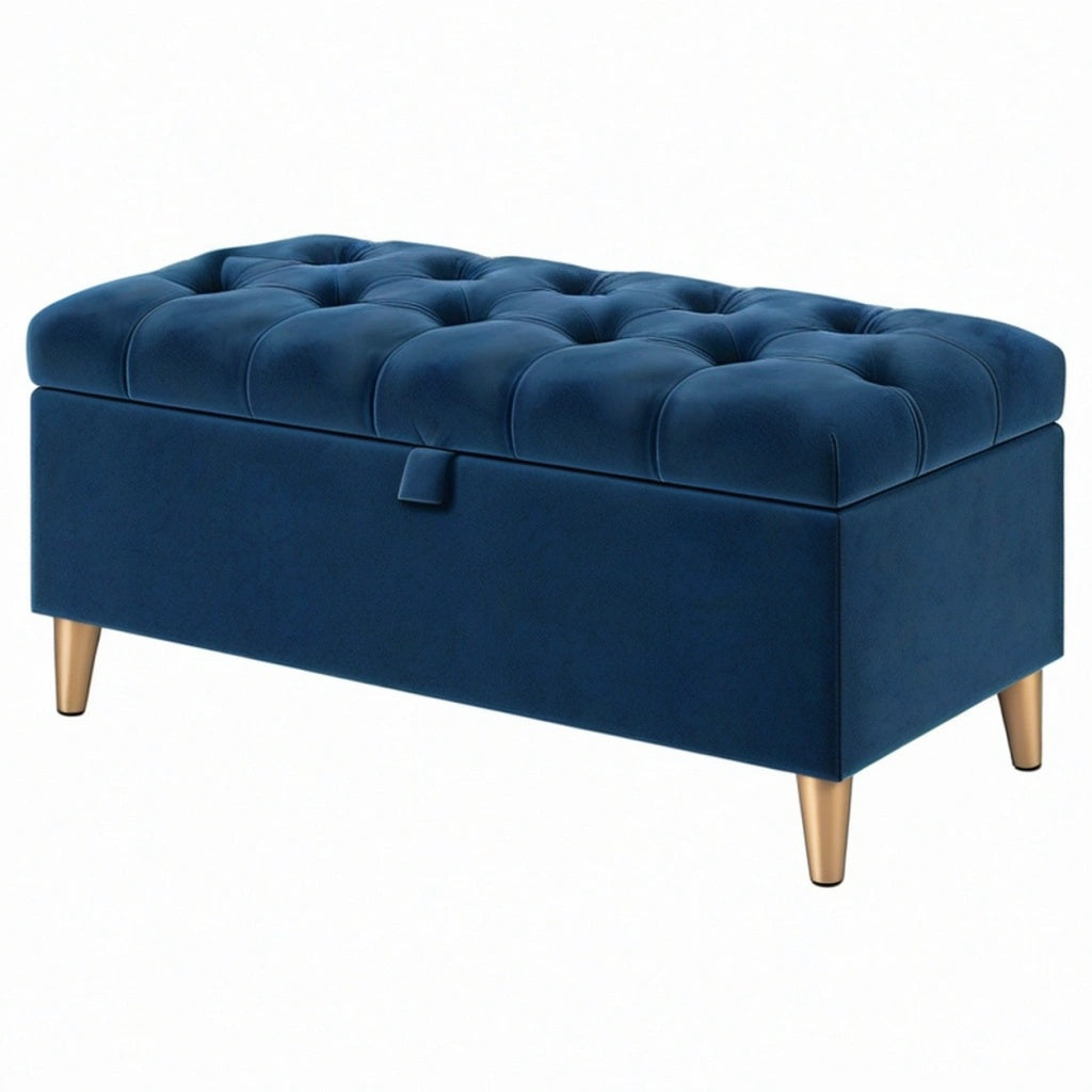 Ławka ze schowkiem 100 x 40 x 45 cm granatowa tapicerowana aksamitem w stylu pikowanym