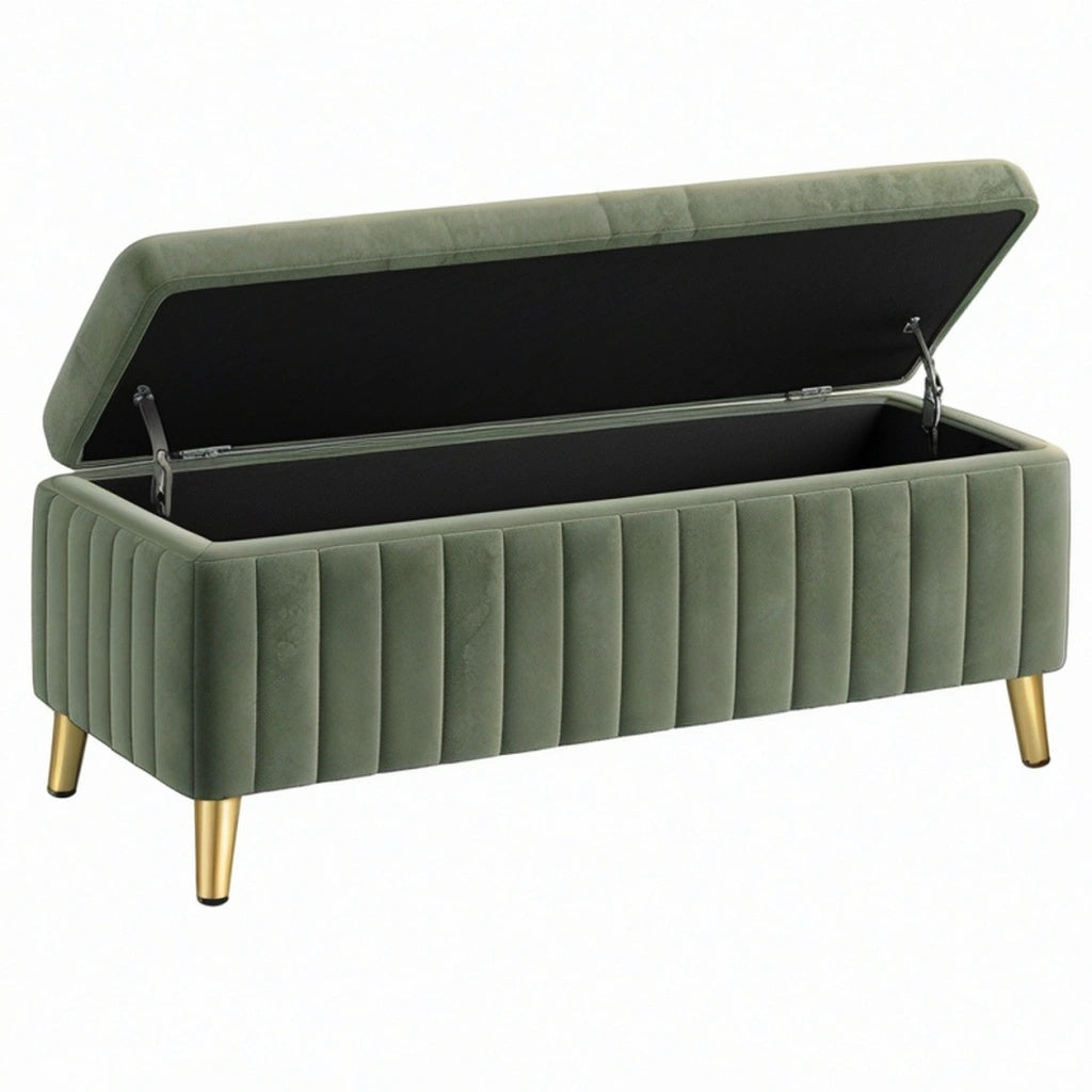 Ławka ze schowkiem 120 x 45 x 45 cm zielona tapicerowana aksamitem w stylu glamour