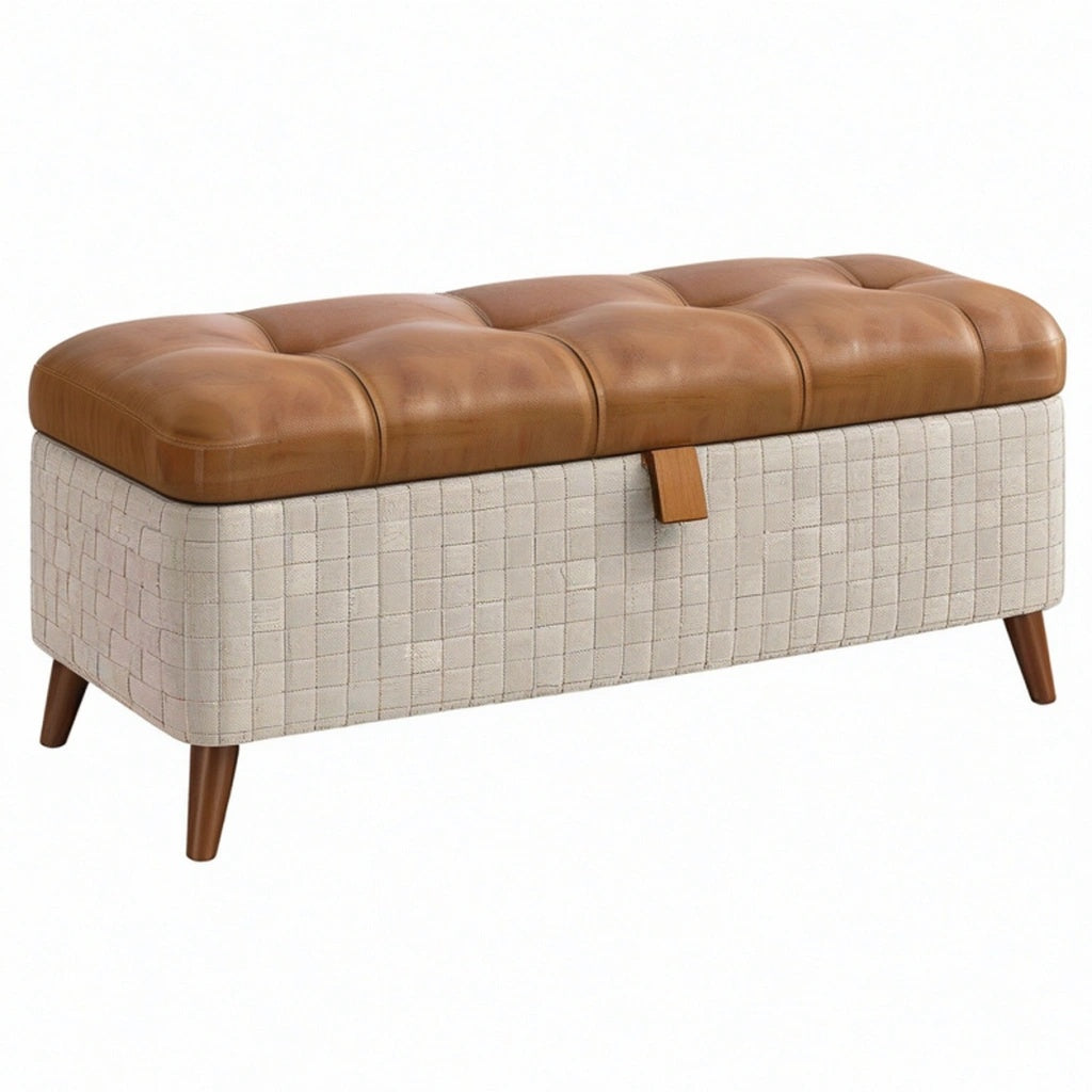 Ławka ze schowkiem 120 x 40 x 45 cm beżowo-brązowa tapicerowana w stylu retro
