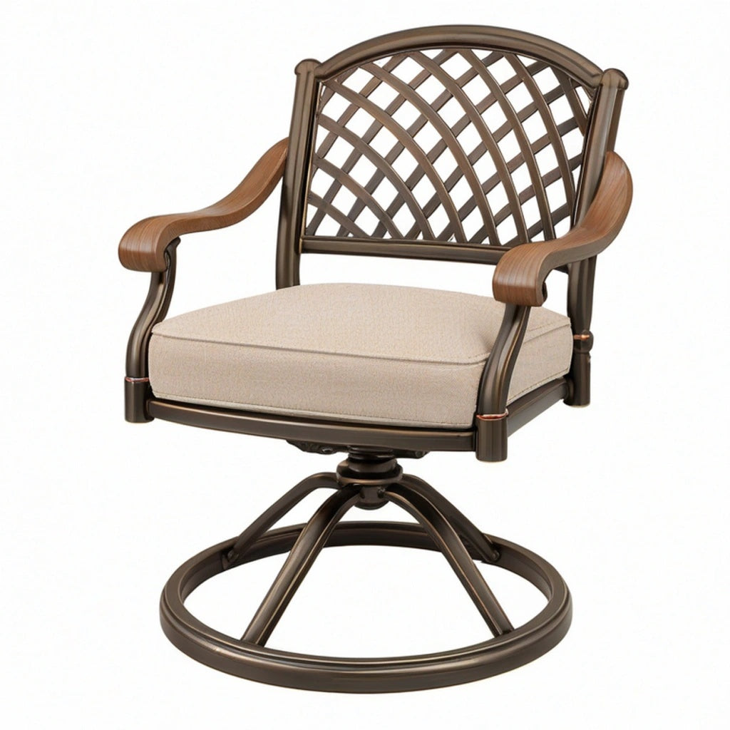 Fotel ogrodowy obrotowy 68 x 65 x 92 cm brązowy metalowy z beżowym siedziskiem