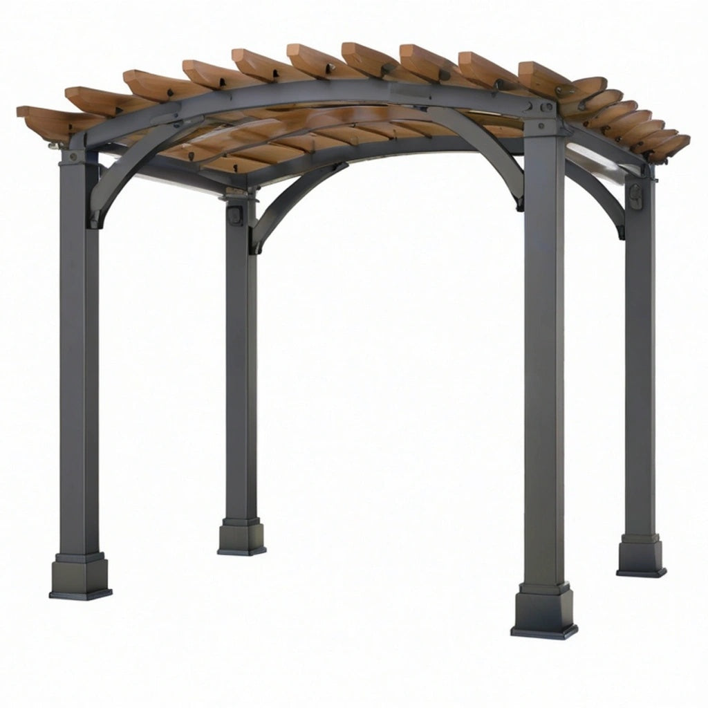 Pergola ogrodowa 300 x 300 x 250 cm z metalu i drewna szaro brązowa łukowa do ogrodu