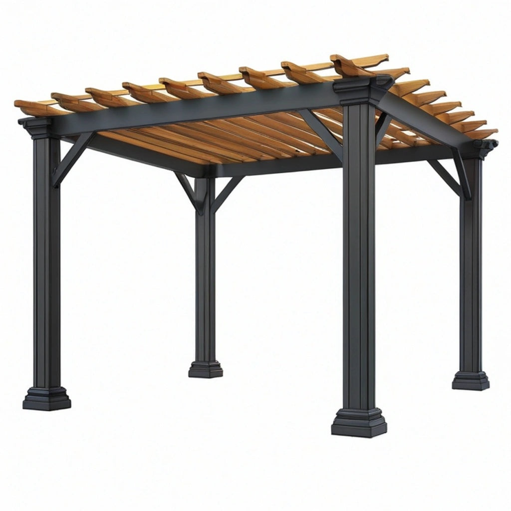 Pergola ogrodowa 300 x 300 x 250 cm z metalową ramą i drewnianym zadaszeniem czarna brązowa