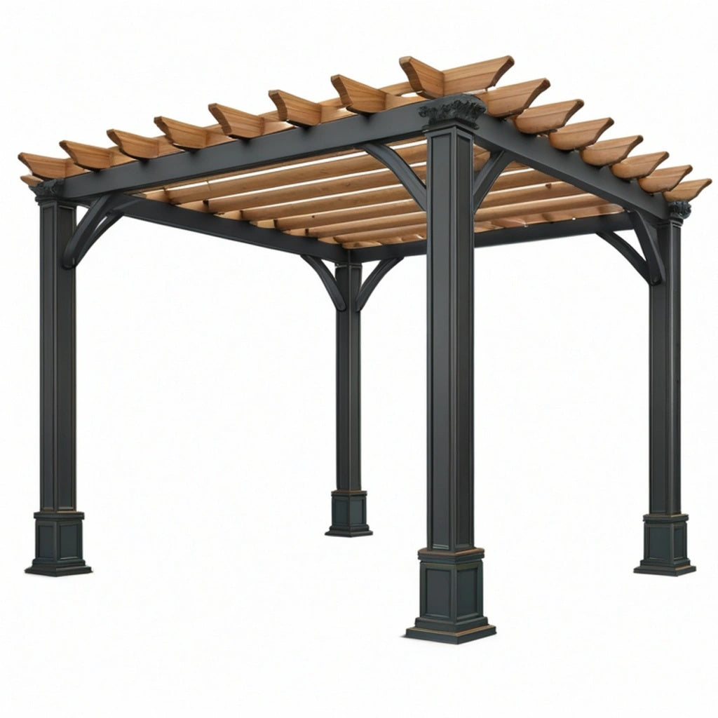 Pergola ogrodowa 300 x 300 x 250 cm z metalu i drewna czarno brązowa klasyczna z ażurowym dachem