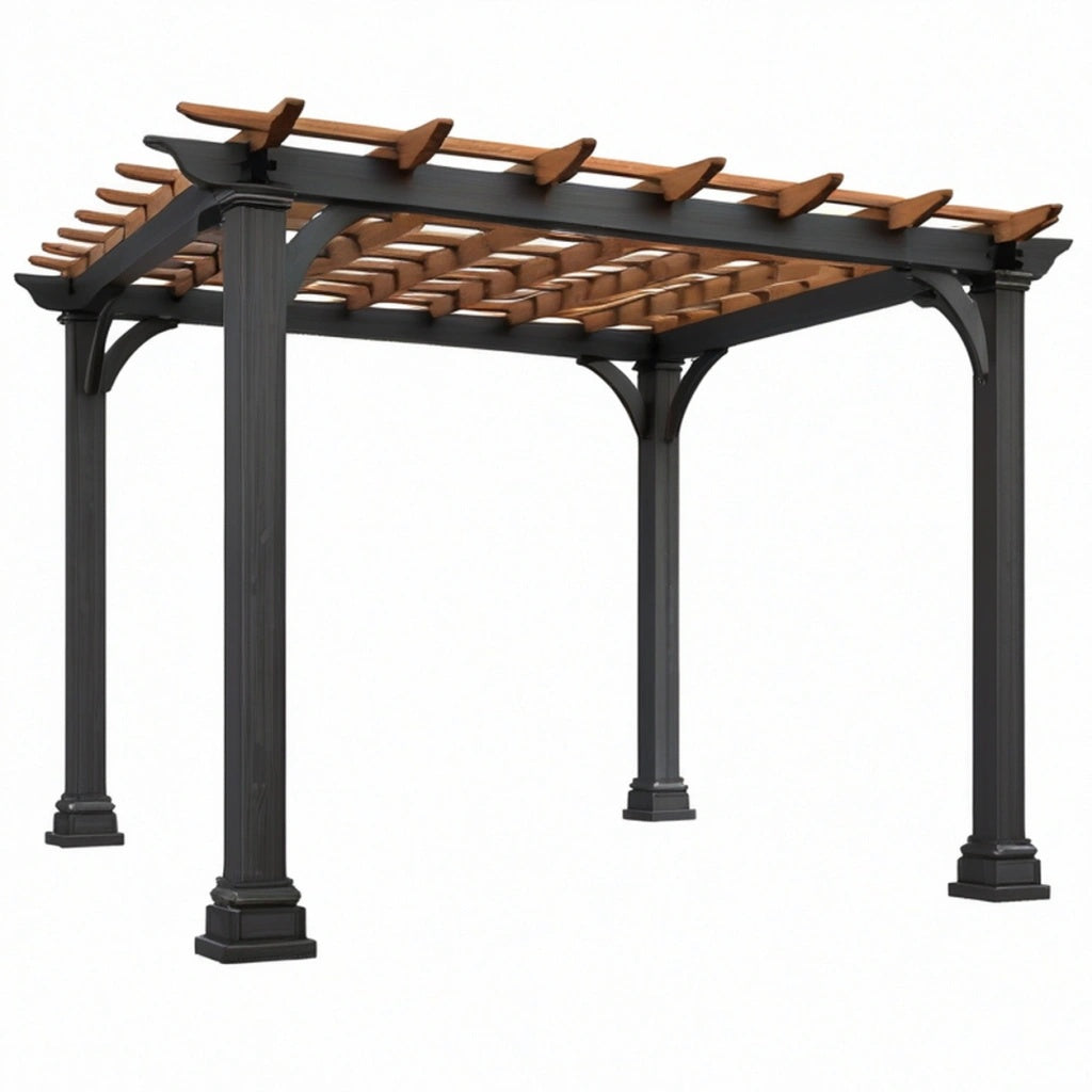 Pergola ogrodowa 300 x 300 x 230 cm z metalu i drewna czarno brązowa ażurowa