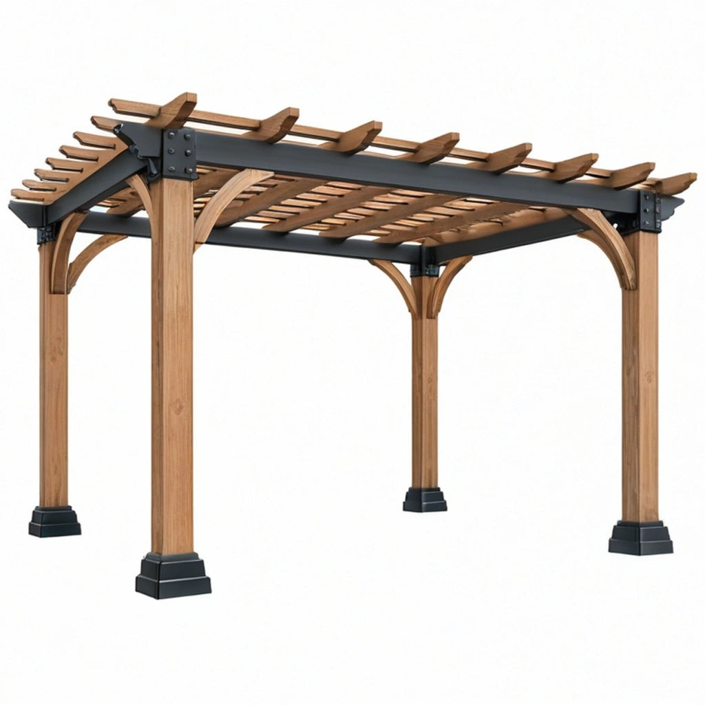 Pergola ogrodowa 300 x 300 x 230 cm z drewna i metalu brązowo-czarna - konstrukcja ażurowa